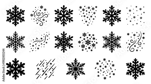 Black  White Snowflakes Glyph Icons Set for Winter Christmas Holiday Design