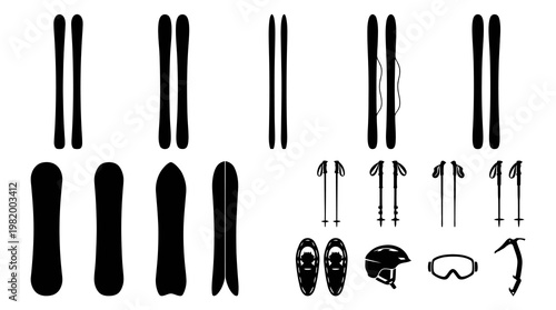 Winter Sports Equipment Silhouette - Ski Snowboard Snowshoe Icon Set