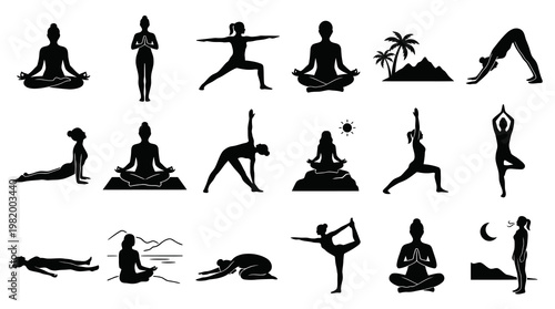 Yoga Poses Silhouettes Set - Health  Wellness Black  White Glyph Icons for Meditation