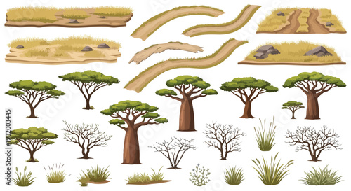Schilderij op canvas Set of African Savannah Landscape Elements Vector