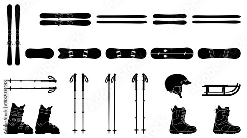Black and White Icon Set of Winter Sports Equipment for Snowboarding and Skiing