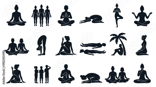 Mindfulness Yoga Poses and Meditation Silhouettes Vector Glyph Art Collection