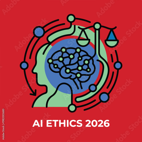 AI Ethics 2026 Vector Illustration | Minimalist Brain and Justice Scales eps