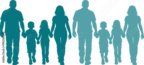 Teal silhouettes of two families walking hand in hand family blue green
