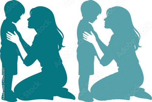 Teal silhouettes of woman and child in two different textures kneeling