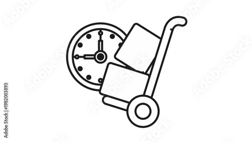 Express delivery vector icon illustration featuring a hand truck carrying cardboard boxes with a clock in the background, symbolizing fast shipping, logistics, and timely courier services.
