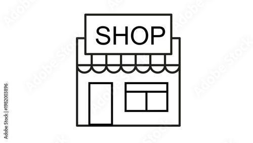 Minimalist black line vector icon illustration of a retail shop storefront featuring a shop sign, striped awning, entrance door, and display window for business and commerce graphic design.