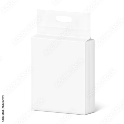 Vacuum bag with handle mockup for cat litter. Half side view. Vector illustration isolated on white background. Ready for use in presentation, advertising. Scalable without lose quality. EPS10.