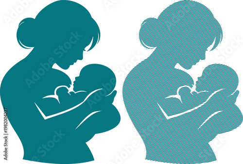 Teal silhouettes of mother and baby nursing breastfeeding