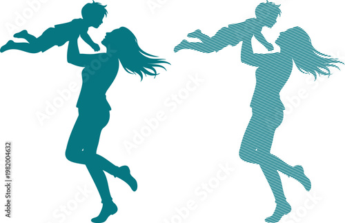 Teal silhouettes of man carrying woman on shoulders couple