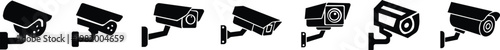Security camera CCTV surveillance icon set collection group in black flat style featuring monitor, cam, recorder, protection and safety synonym elements for technology, monitoring and design use