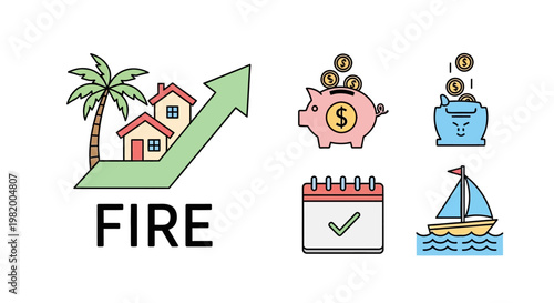 Set of financial and lifestyle icons including home investment, saving money, calendar, and sailing boat.