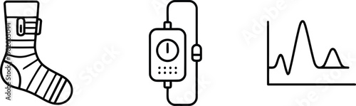 Vector of Medical rehabilitation and monitoring icon set featuring a leg brace and a wearable monitor and heart rate graph