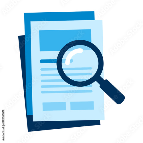 Vector graphic of a magnifying glass over a document with a blue theme for search and investigation concepts