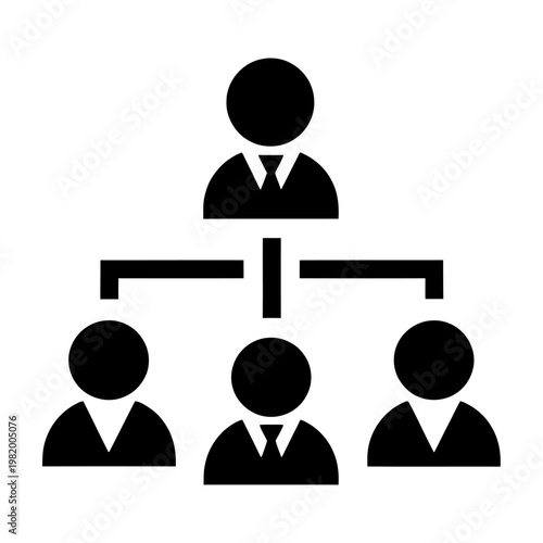 Vector graphic illustrating a hierarchical organizational structure with a leader and team members in a simple, modern design.