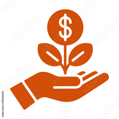 Vector graphic of a hand holding a plant with a dollar sign growing from it, symbolizing financial growth and investment.
