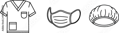 Vector of Medical uniform scrub top protective face mask and disposable surgical head cap in simple black and white line art