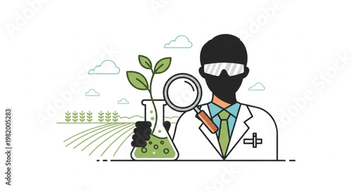 Scientist examining plant growth in laboratory flask with magnifying glass.