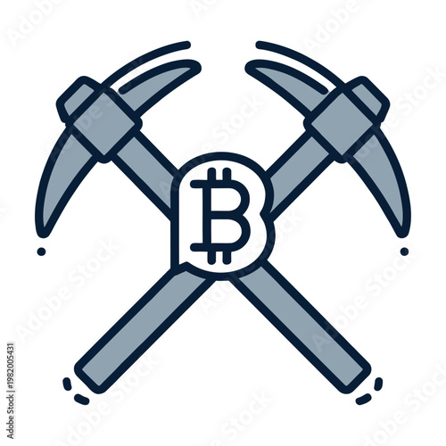 Vector graphic of two crossed pickaxes with a bitcoin symbol in the center, representing cryptocurrency mining.