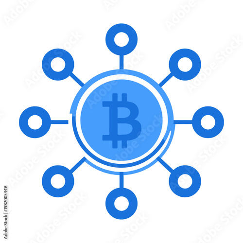 Vector graphic illustration of a bitcoin symbol surrounded by connected nodes in a circular pattern.