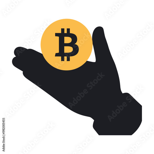 Vector graphic of a hand holding a bitcoin, symbolizing cryptocurrency and digital finance.