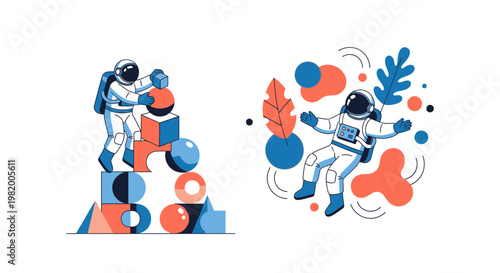 Astronauts building and exploring abstract cosmic landscapes, illustrating themes of scientific discovery, innovative construction, and the freedom of space adventure