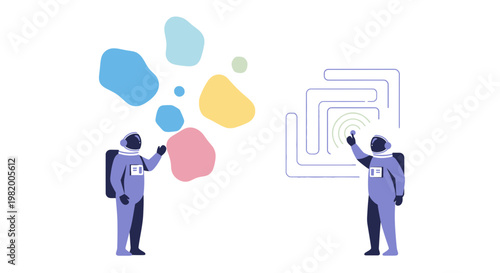 Astronauts exploring abstract concepts and digital systems, symbolizing creative problem-solving and technological innovation in a futuristic context of scientific discovery and imaginative thinking