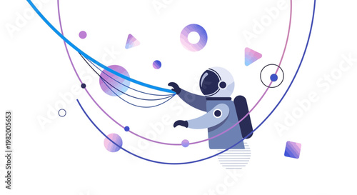 Astronaut explores abstract digital network, symbolizing data connection and futuristic technological innovation in a minimalist cosmic illustration