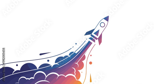 Dynamic Rocket Launch Illustration Symbolizing Business Startup Success, Innovation, and Future Technological Progress with a Vibrant Colorful Trail