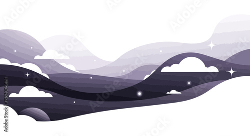 Serene abstract vector landscape with layered purple and grey waves, fluffy white clouds, and shimmering stars, evoking a tranquil dreamlike atmosphere