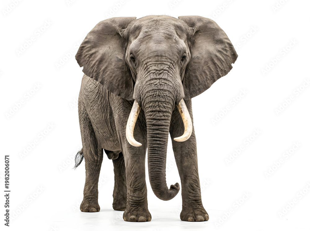 Obraz premium Giant African Elephant with Large Tusks Facing Forward Isolated on White
