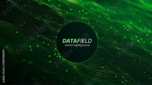 Futuristic green wave vector background with glowing particles and grid. Big data visualization, AI concept, data processing. Perfect for cybersecurity, blockchain tech presentation. Neon digital flow