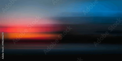 Blurry red and yellow cars in motion race across an abstract landscape under a beautiful orange sunset sky with glowing clouds and sunlight at dusk