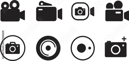 Collection of black and white video and photo camera icons for ui design and multimedia applications