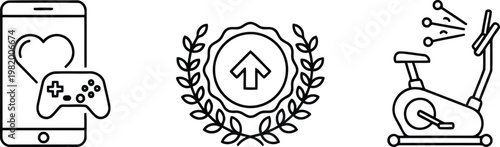 Vector of Mobile health app with heart icon achievement award laurel and stationary exercise bike in vector line art