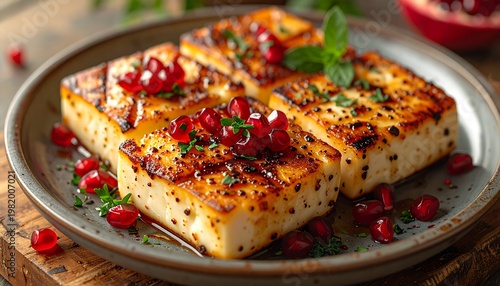 Grilled Halloumi Cheese with Pomegranate Seeds and Mint Garnish.