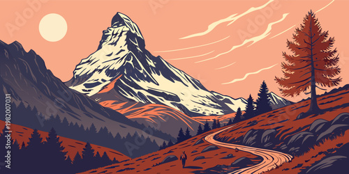 Cinematic landscape collection featuring mountain sunsets, tropical moonlit jungles, coral reefs, and astronaut on alien planet, vector