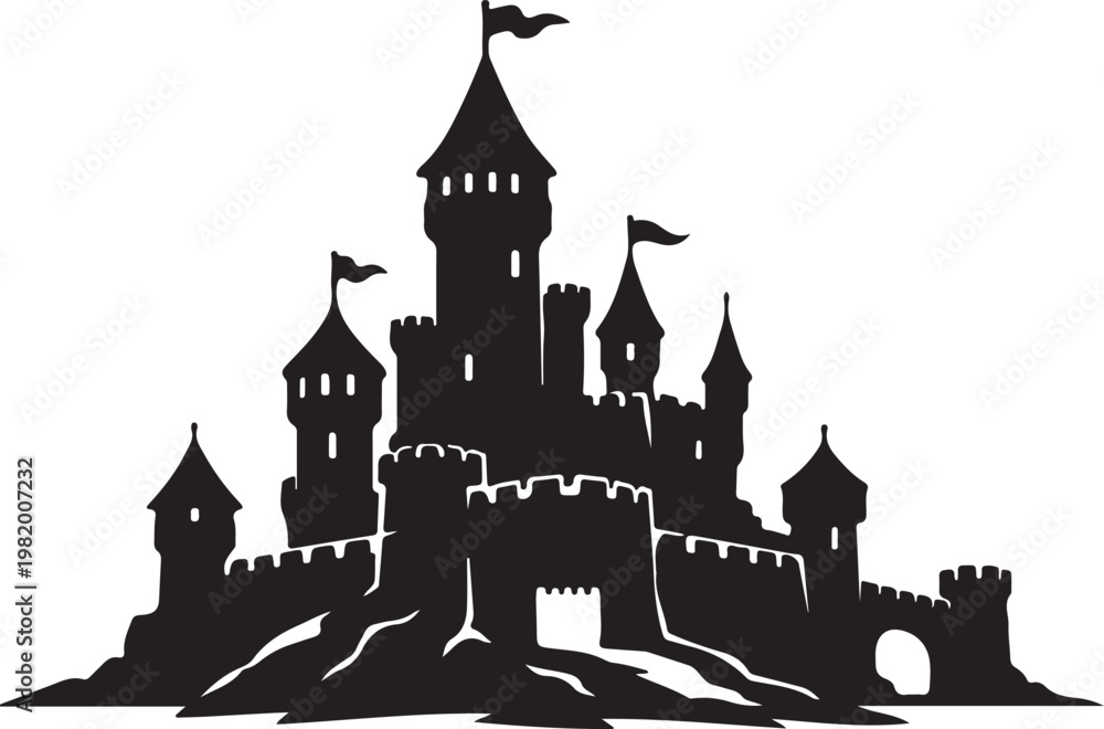 Obraz premium A black silhouette of a castle on a hill Vector