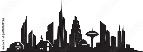 A black silhouette of a rural village scene Vector