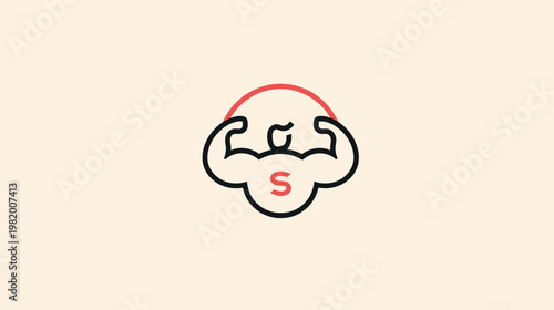 Abstract illustration of flexing arms with red arc and letter s on light background