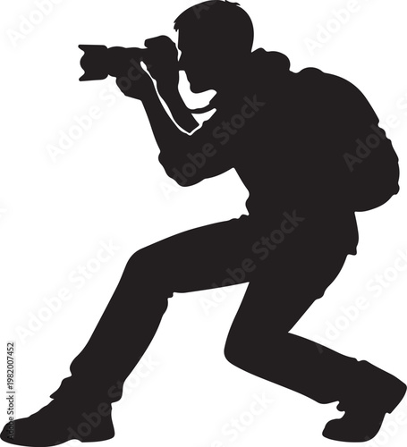 A man in a kneeling position holding a camera Vector