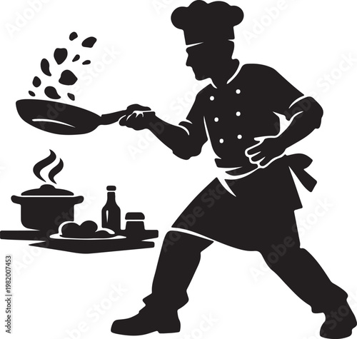 A chef tossing food in a pan Vector