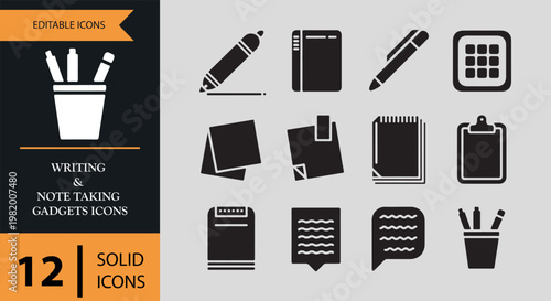 Collection of writing and note taking gadgets icons in solid black
