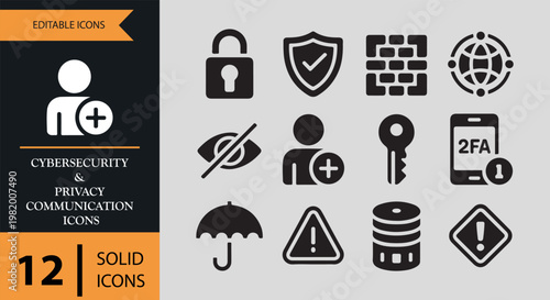 Collection of cybersecurity and privacy communication icons in solid style