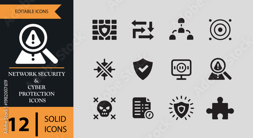 Network security and cyber protection icons on gray background