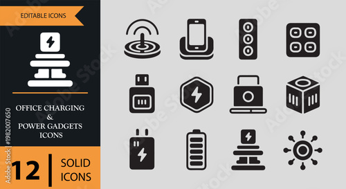 Office charging and power gadgets icons set in solid style