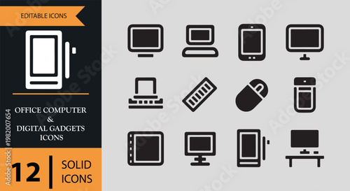 Office charging and power gadgets icons in solid style for tech designs