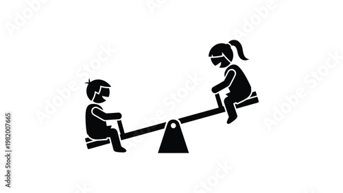 Black silhouette of children playing on seesaw.