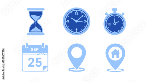 Stylish blue icons for clocks, calendars, and time tracking.