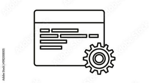 Black vector icon illustration of a web browser window with code lines and a gear symbol, representing software development, web engineering, system settings, and technical configuration.